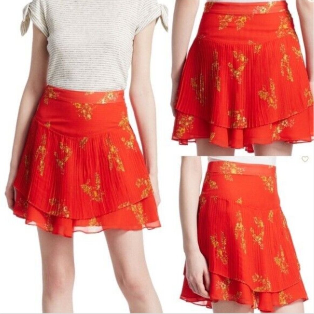 Derek Lam 10 Crosby Ruffle Mini Skirt Red Women's Size 2 Pleated Sheer and Lined